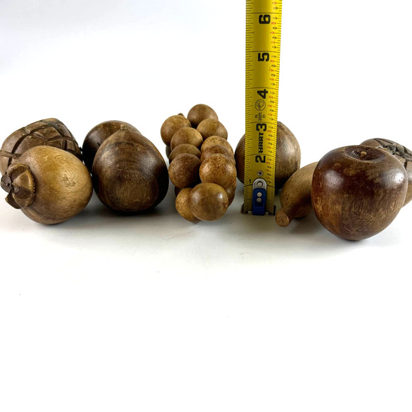 Vtg MCM Wooden Bowl With Fruit 9 Pieces Of Hand Carved Fruit & Wooden Leaf Bowl - Picture 11 of 13
